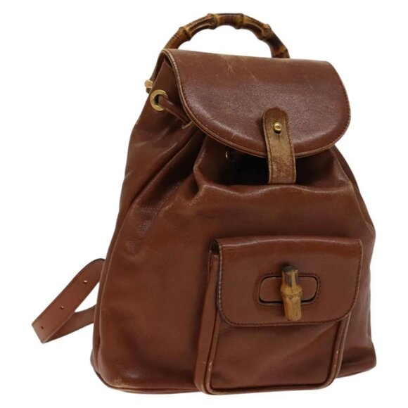 GUCCI Bamboo Backpack Leather Brown Gold 003 1705 0030 Auth th6241 - Picture 1 of 16
